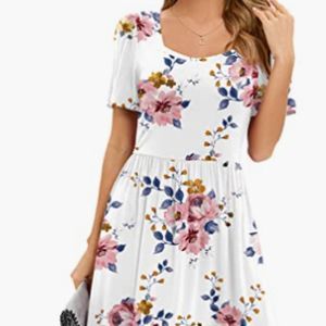 Anyproud Womens Casual Square Neck Short Sleeve Summer Flowy Knee Length Dresses